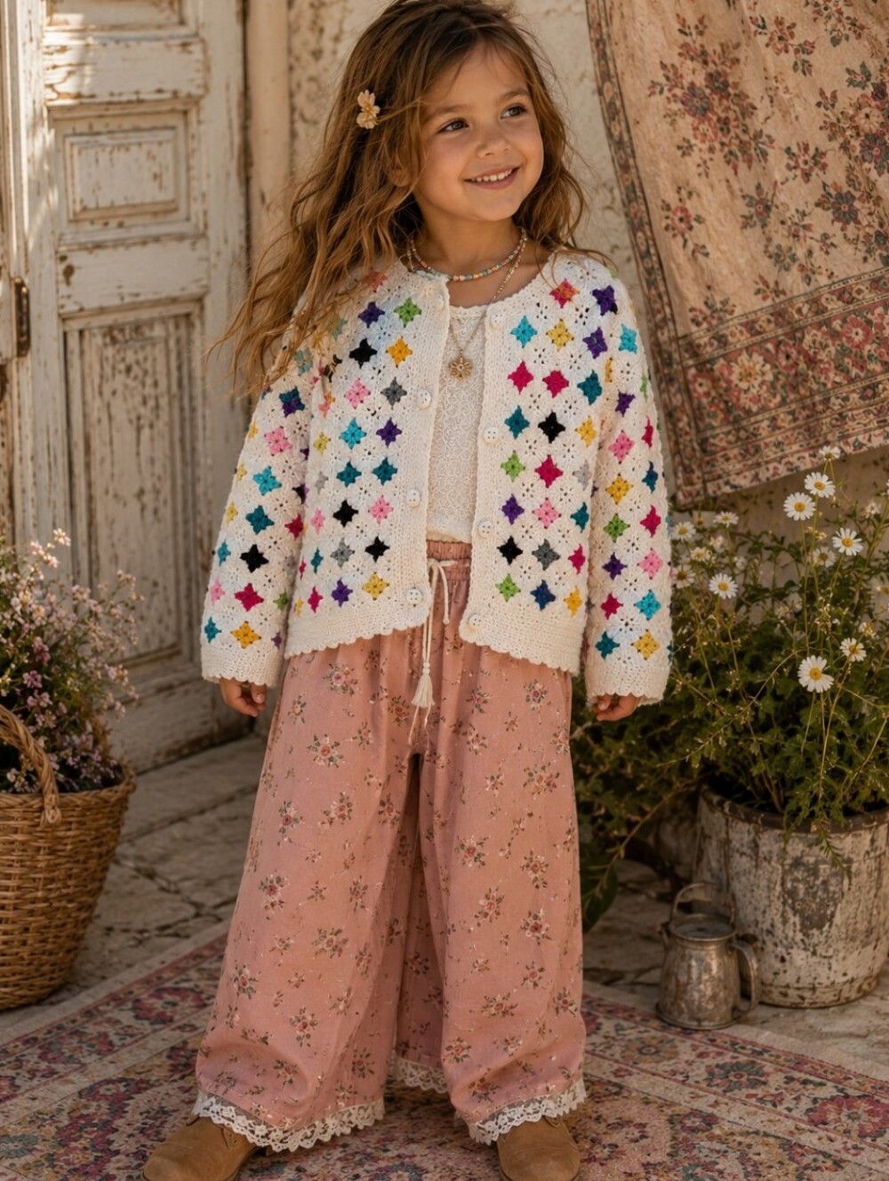 Vintage Handmade Crochet Granny Square Cardigan Kids Girls 4T  Owl Buttons Boho